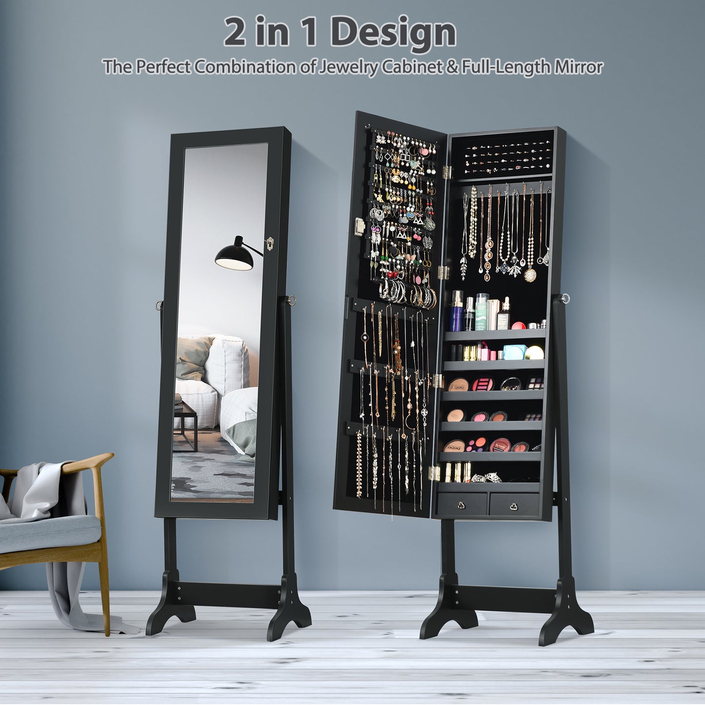 Freestanding Lockable Jewelry Armoire with Full Length Mirror and Ample Storage – Black