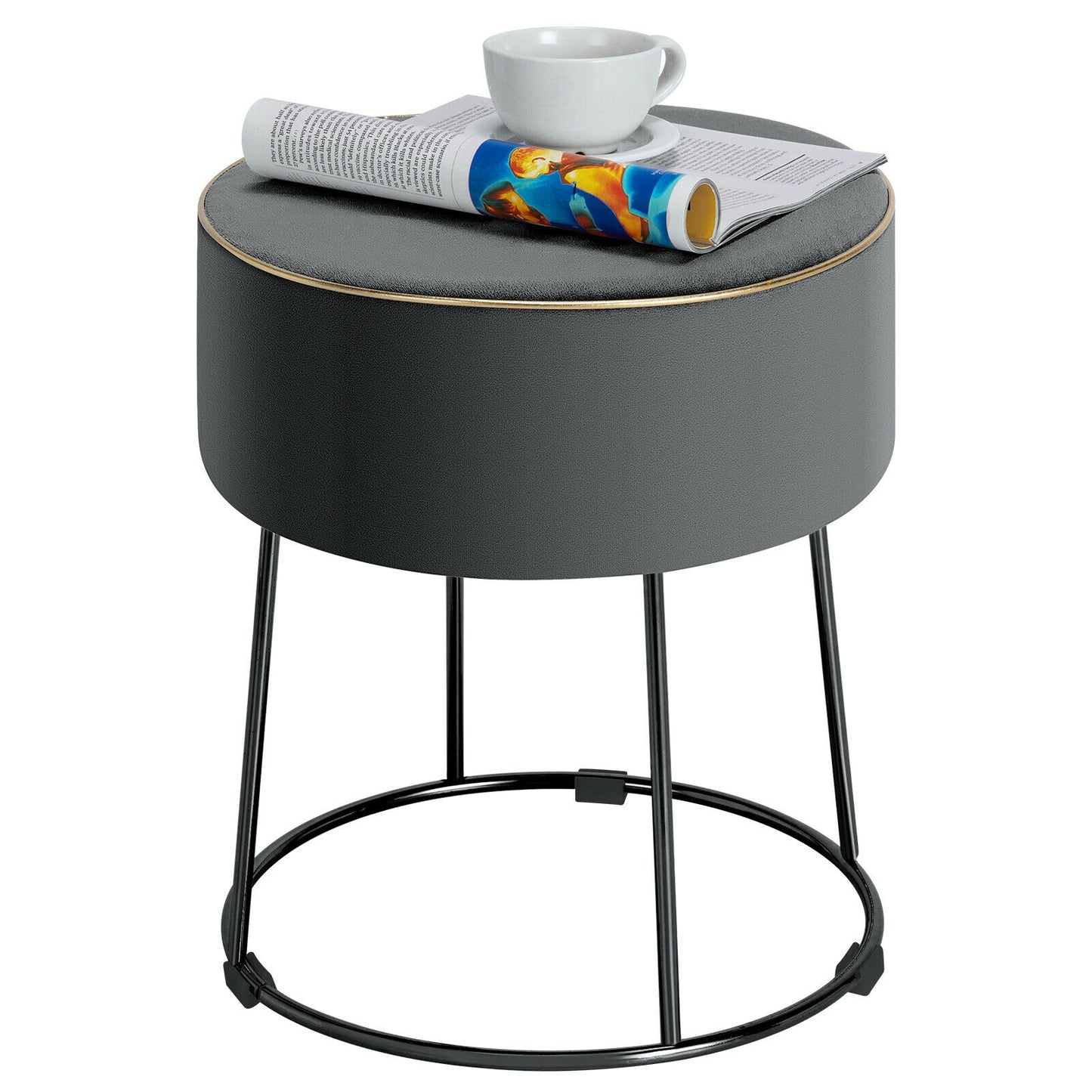 Round Velvet Ottoman Footrest with Non Slip Base and Metal Frame - Grey