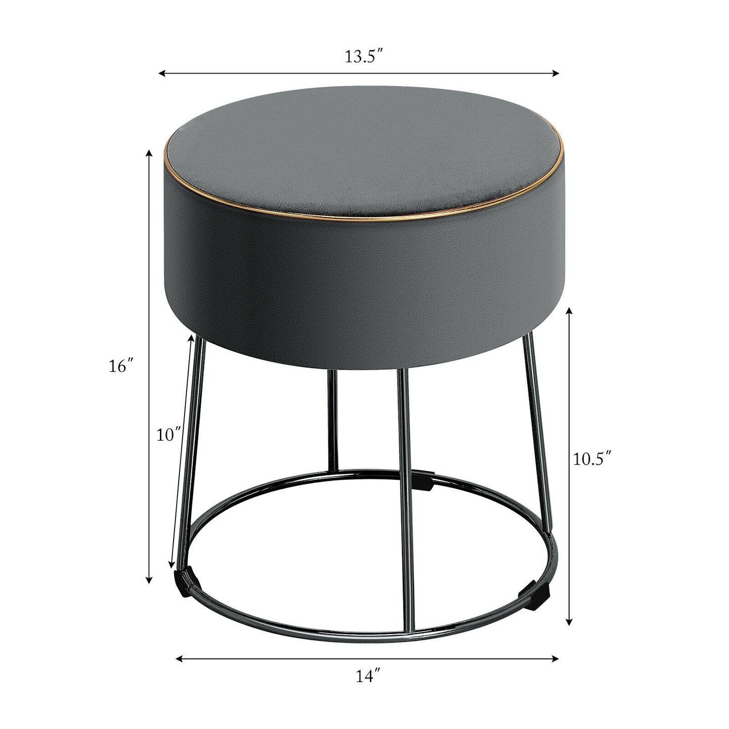 Round Velvet Ottoman Footrest with Non Slip Base and Metal Frame - Grey