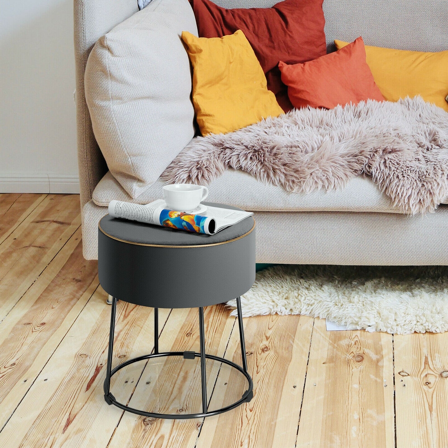 Round Velvet Ottoman Footrest with Non Slip Base and Metal Frame - Grey