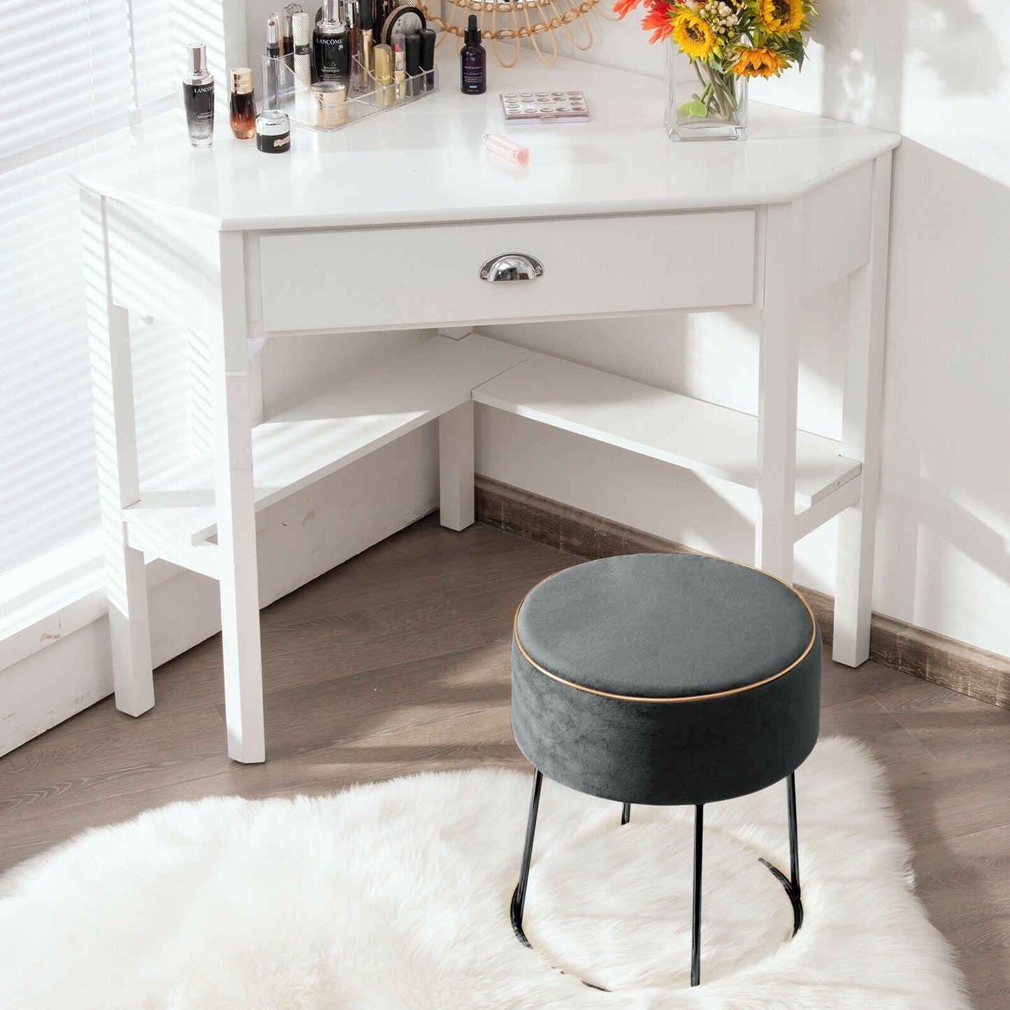 Round Velvet Ottoman Footrest with Non Slip Base and Metal Frame - Grey