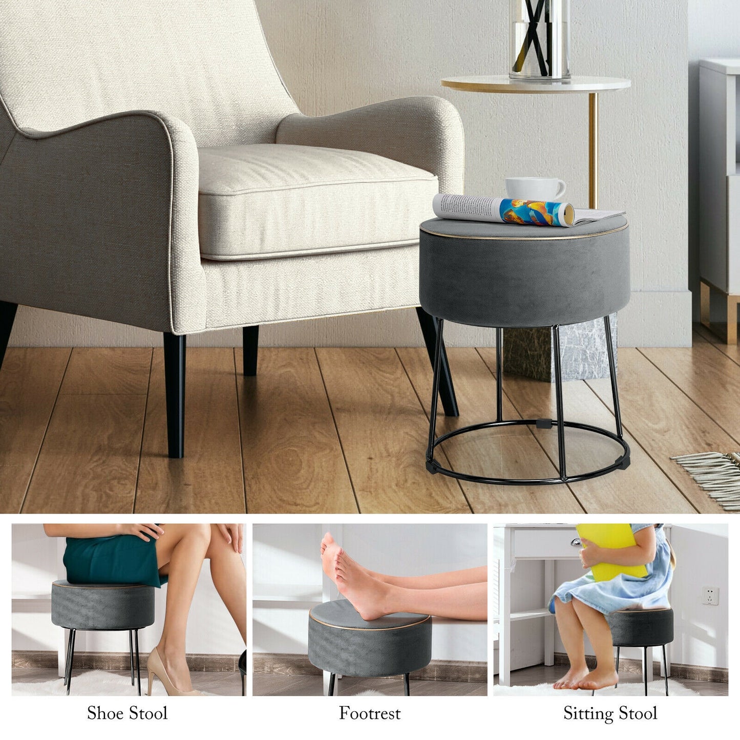 Round Velvet Ottoman Footrest with Non Slip Base and Metal Frame - Grey
