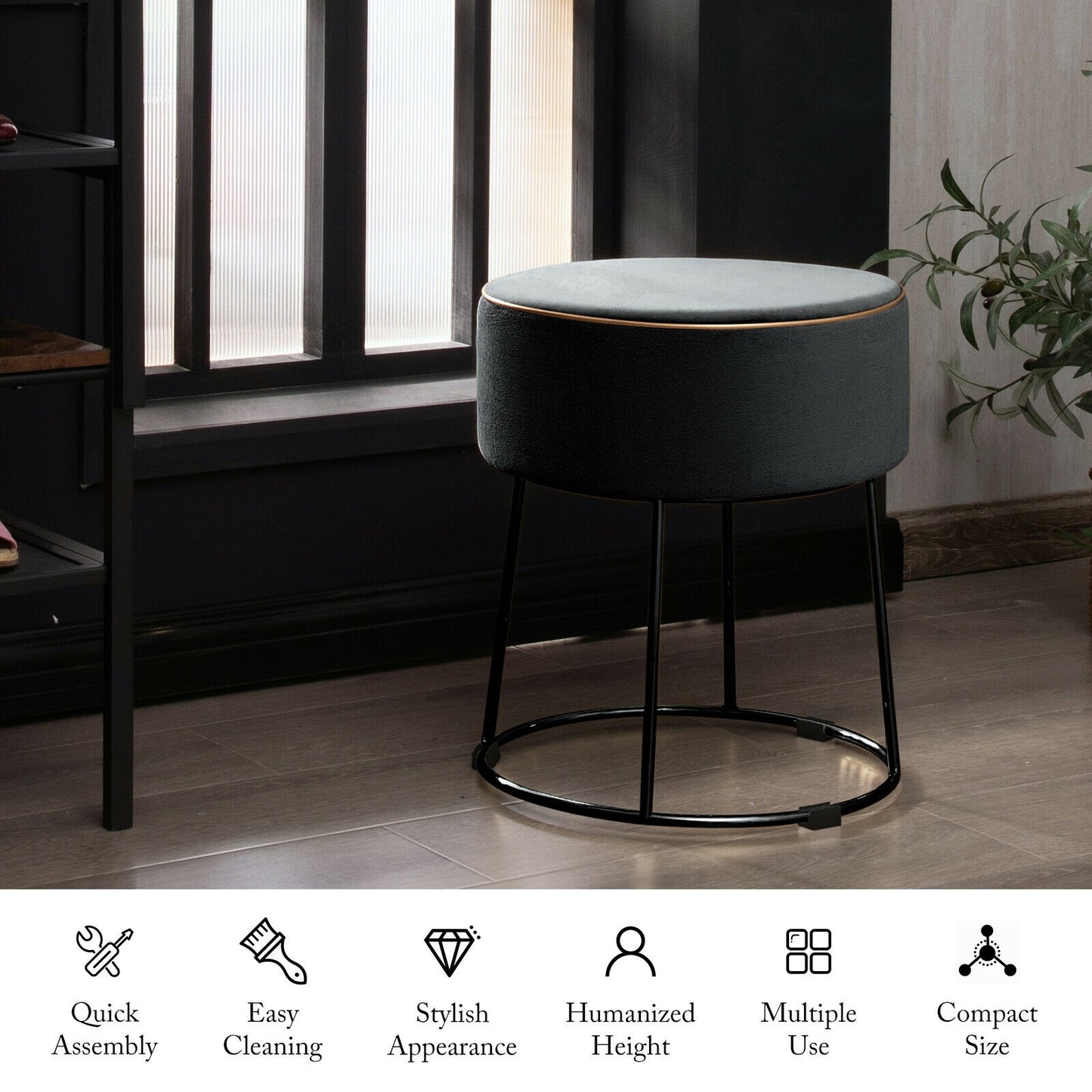 Round Velvet Ottoman Footrest with Non Slip Base and Metal Frame - Grey
