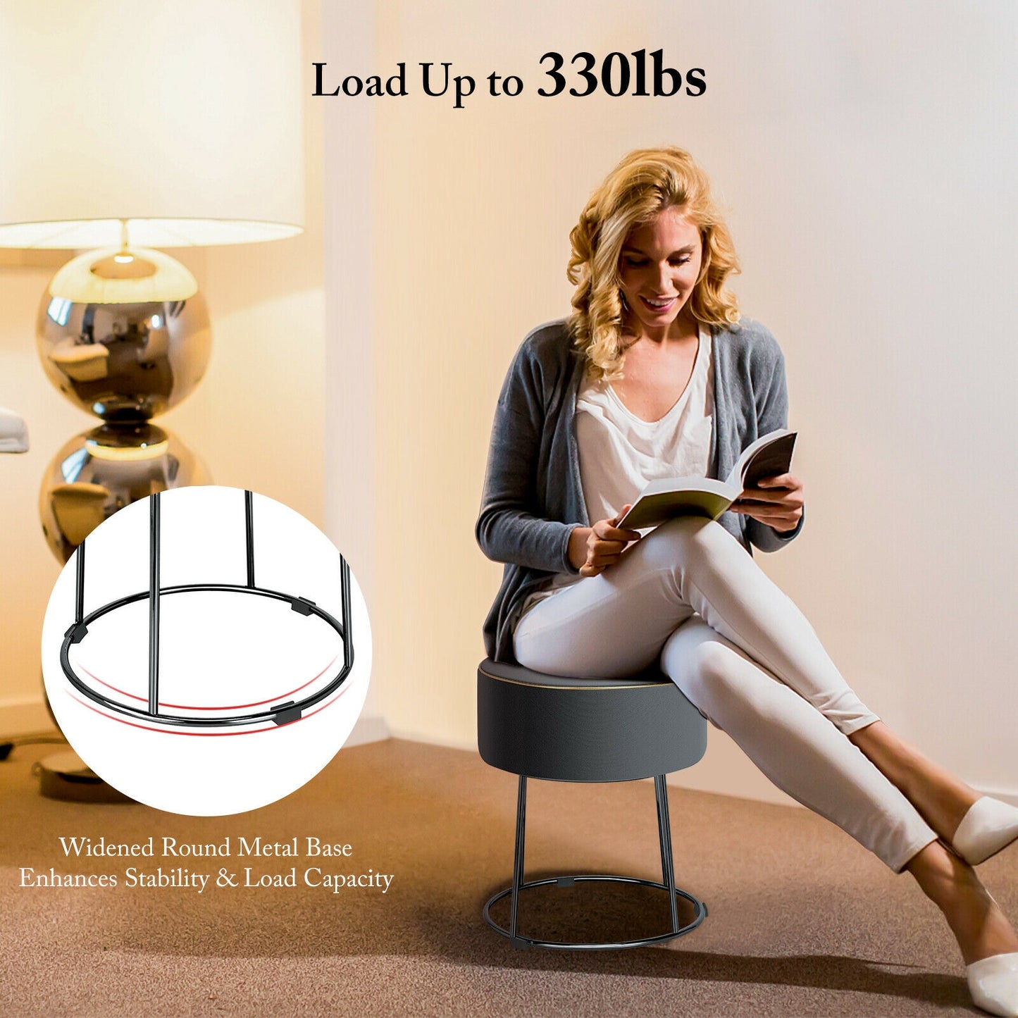 Round Velvet Ottoman Footrest with Non Slip Base and Metal Frame - Grey