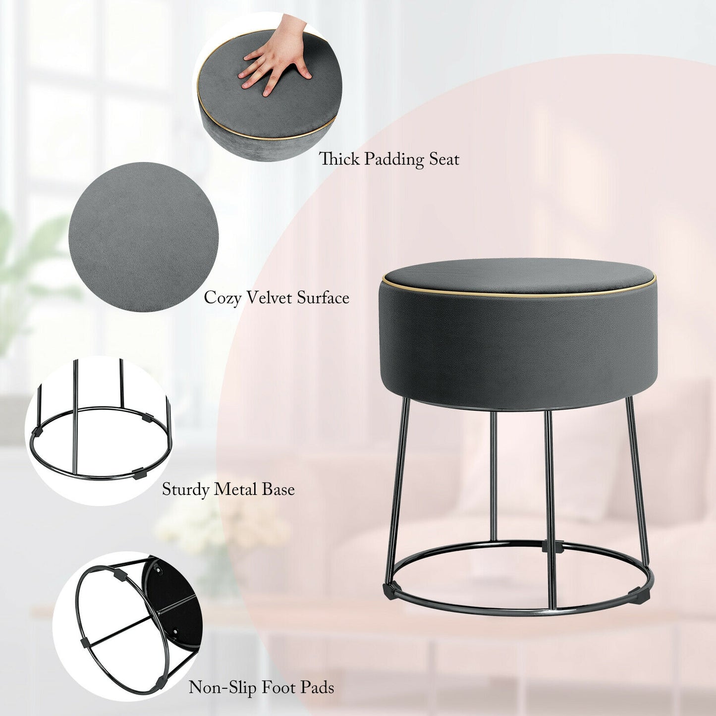 Round Velvet Ottoman Footrest with Non Slip Base and Metal Frame - Grey