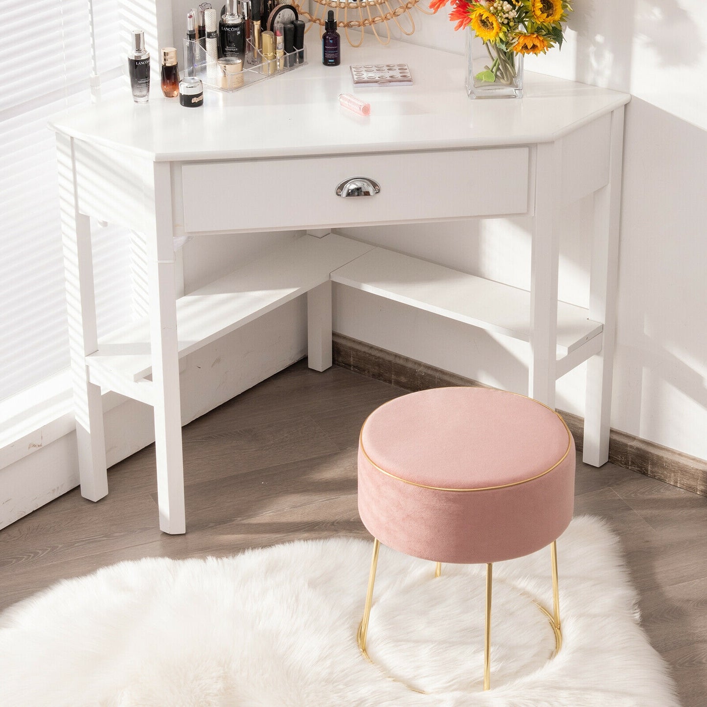 Round Velvet Ottoman Footrest with Non Slip Base and Metal Frame - Pink