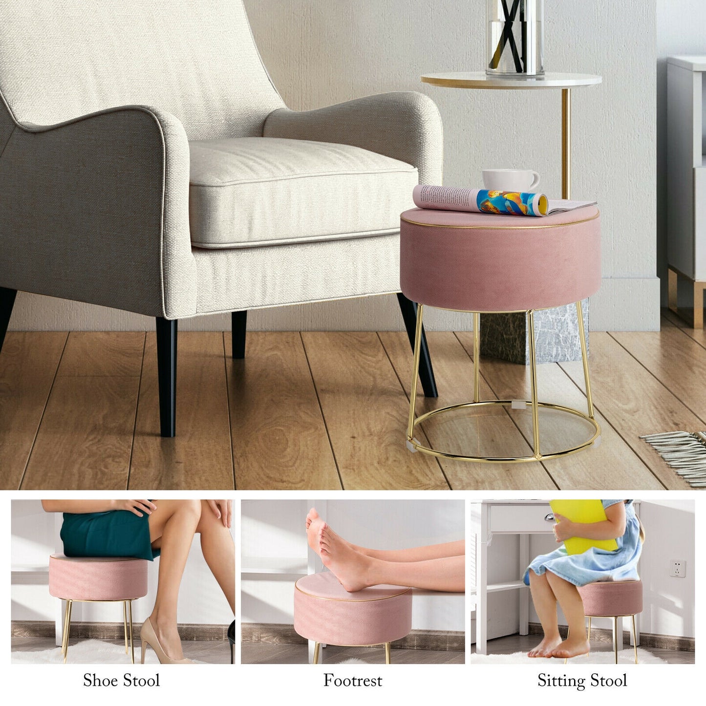 Round Velvet Ottoman Footrest with Non Slip Base and Metal Frame - Pink