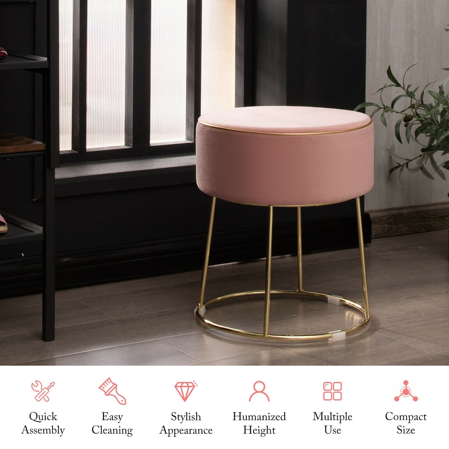 Round Velvet Ottoman Footrest with Non Slip Base and Metal Frame - Pink