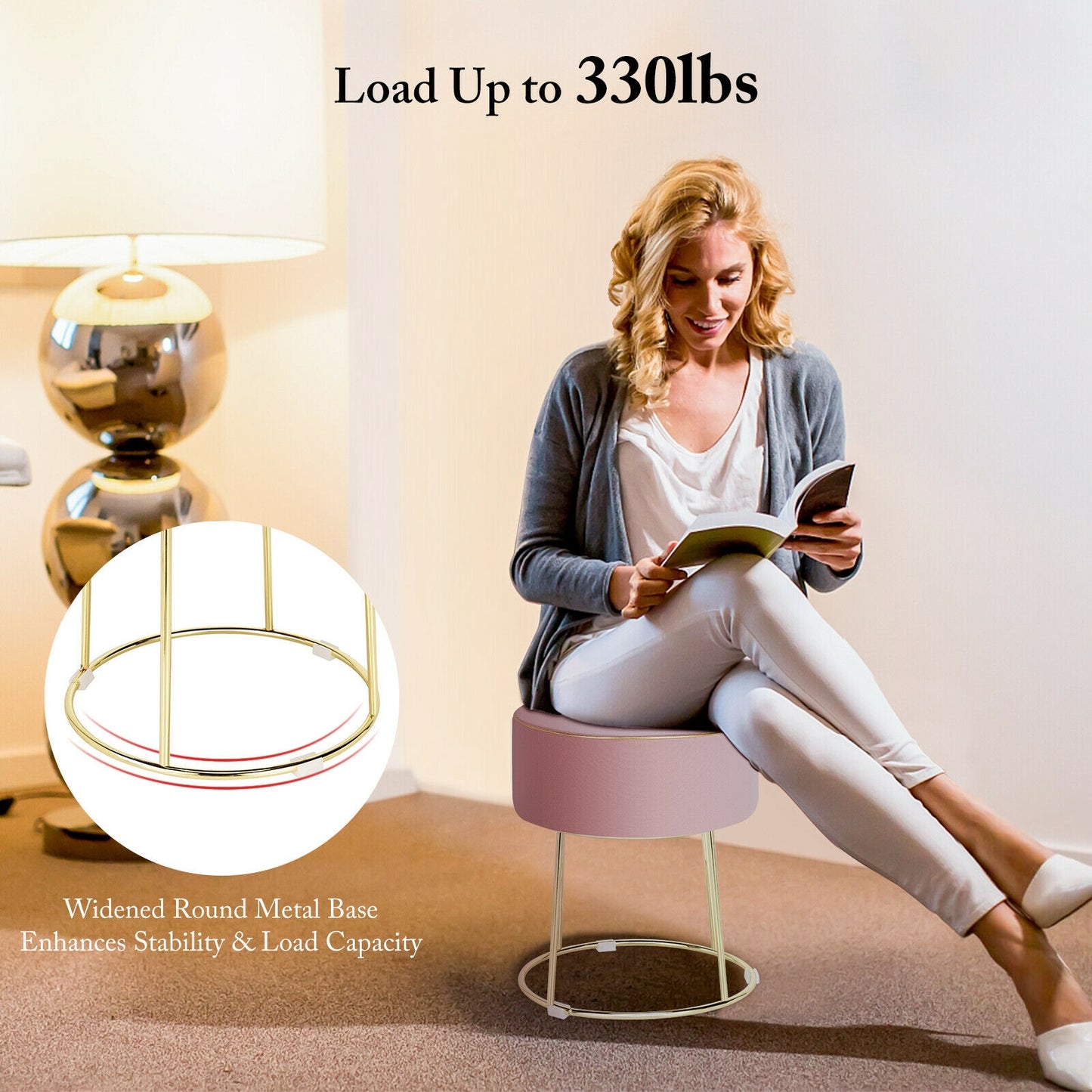 Round Velvet Ottoman Footrest with Non Slip Base and Metal Frame - Pink