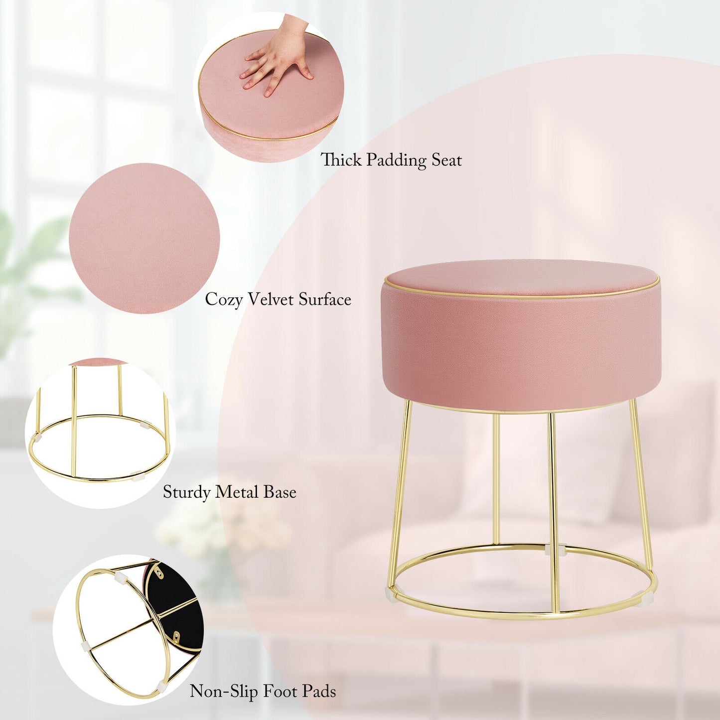Round Velvet Ottoman Footrest with Non Slip Base and Metal Frame - Pink
