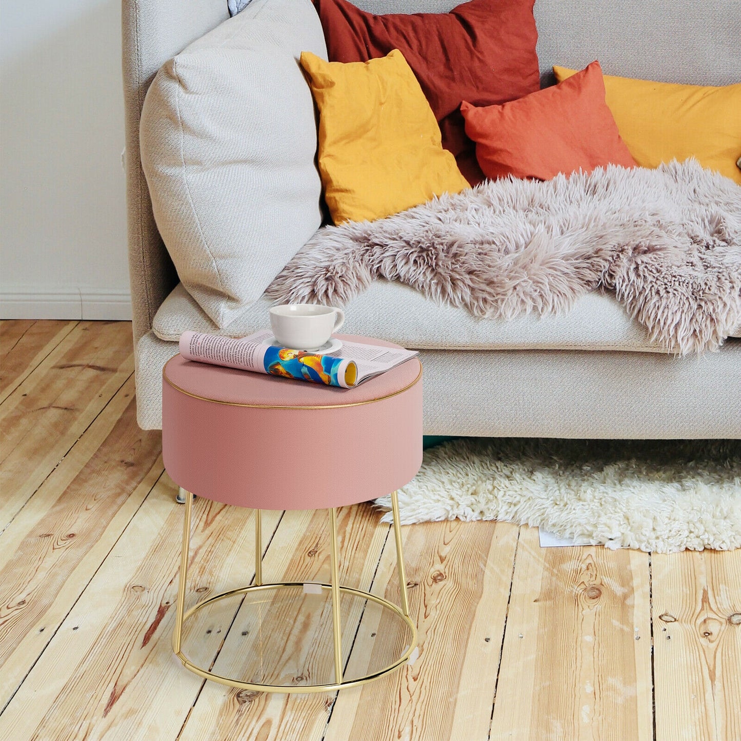 Round Velvet Ottoman Footrest with Non Slip Base and Metal Frame - Pink