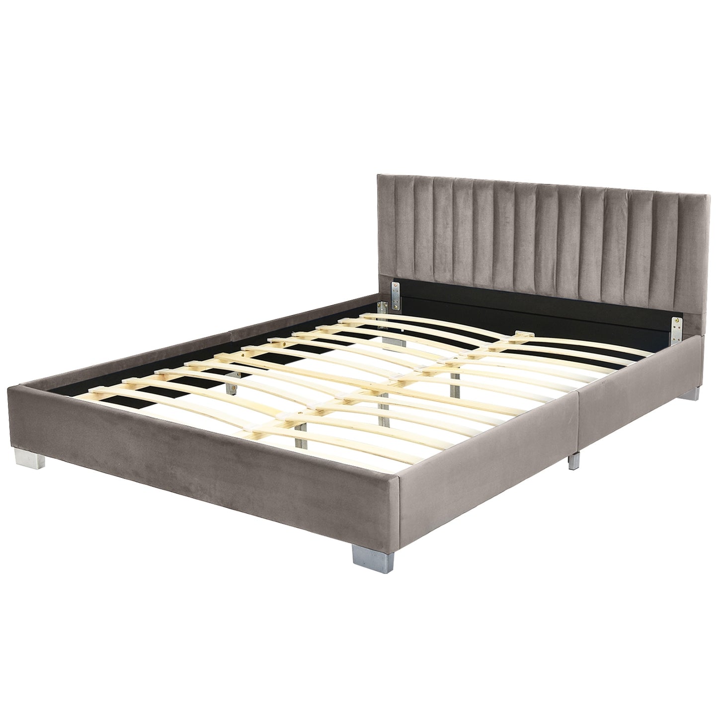 Modern Full Platform Bed Frame with Tufted Velvet Headboard - Light Grey