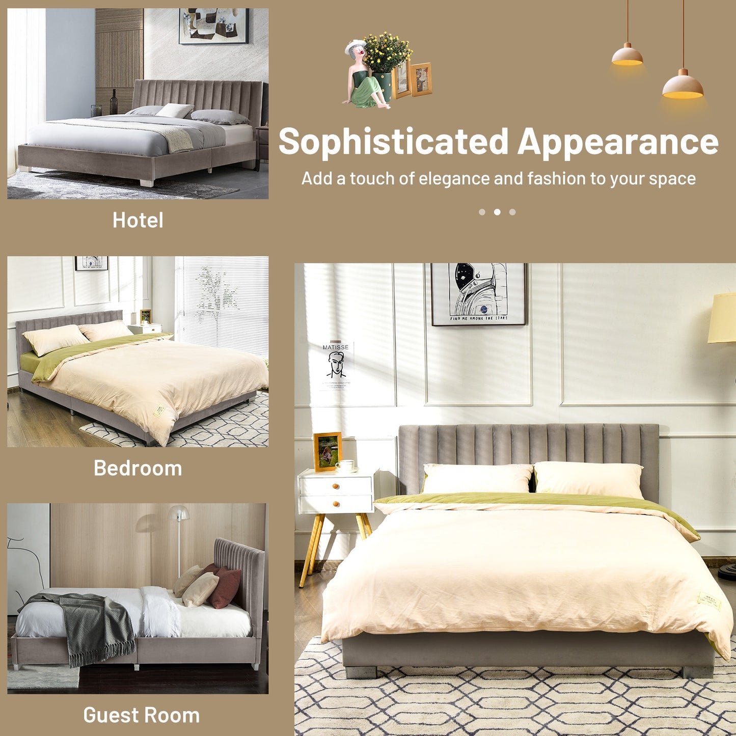 Modern Full Platform Bed Frame with Tufted Velvet Headboard - Light Grey
