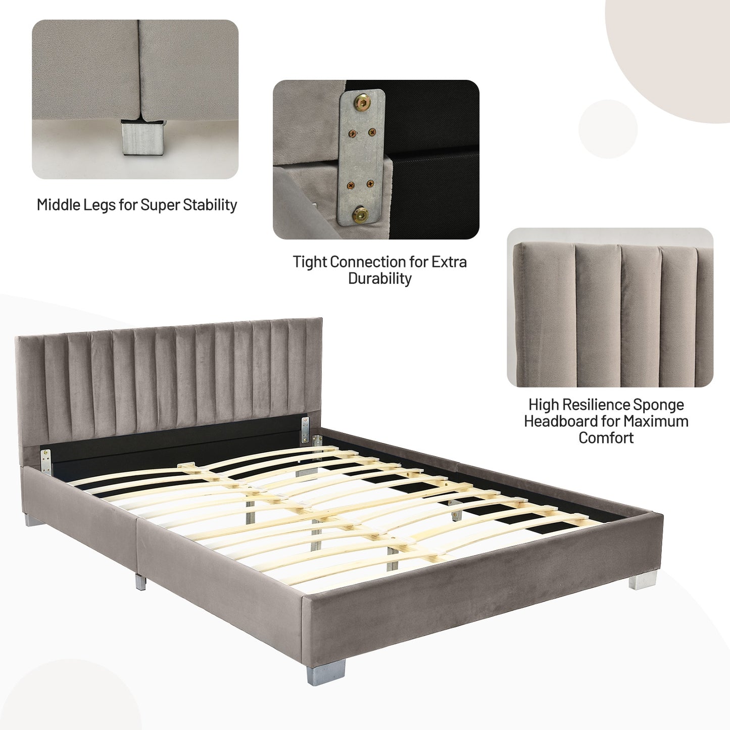 Modern Full Platform Bed Frame with Tufted Velvet Headboard - Light Grey