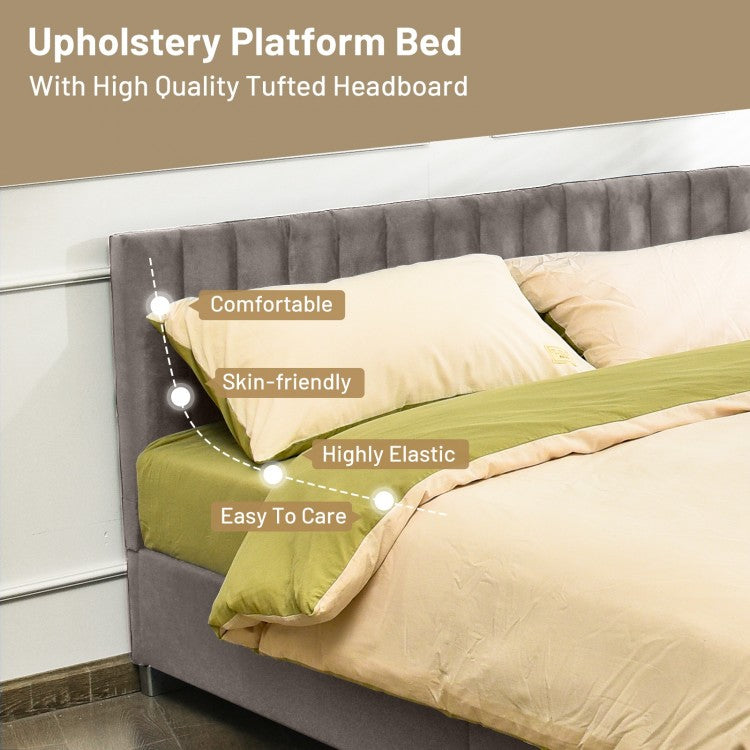 Modern Full Platform Bed Frame with Tufted Velvet Headboard - Light Grey