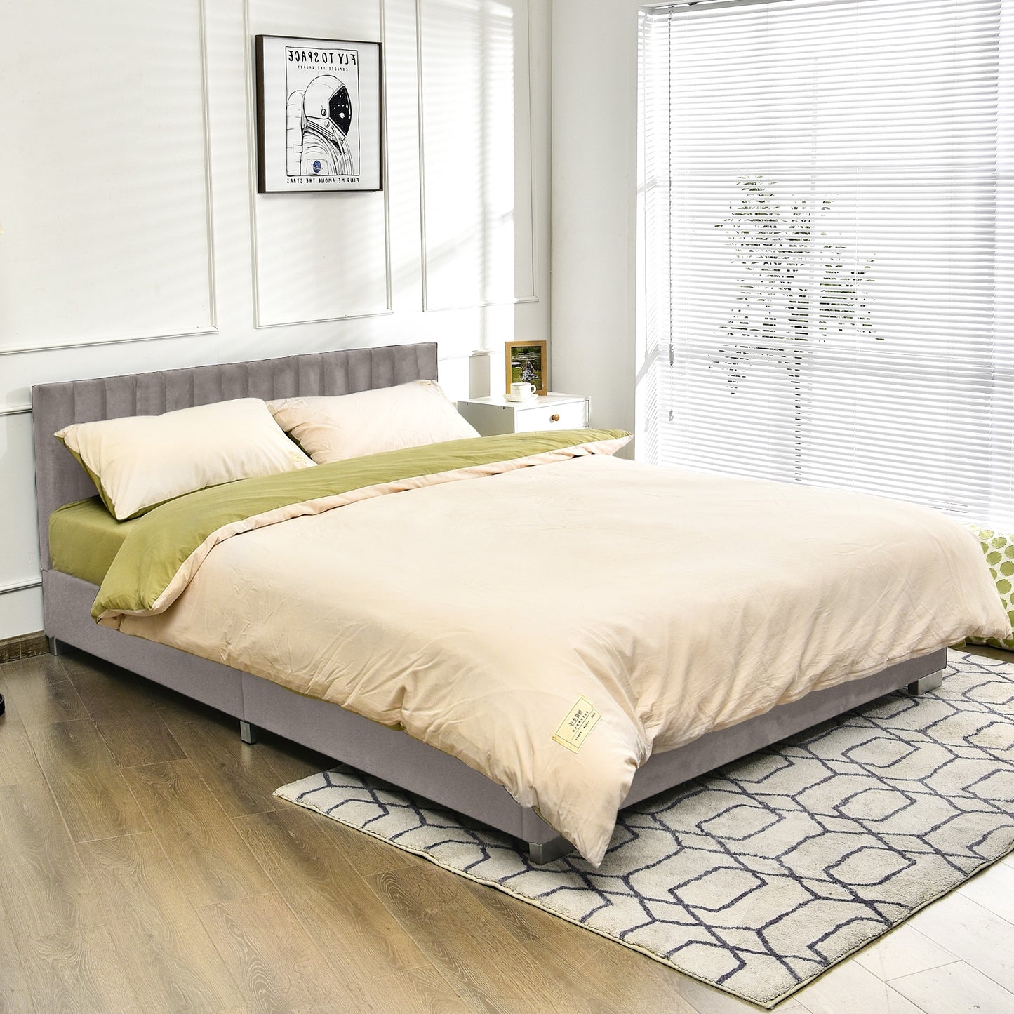 Modern Full Platform Bed Frame with Tufted Velvet Headboard - Light Grey