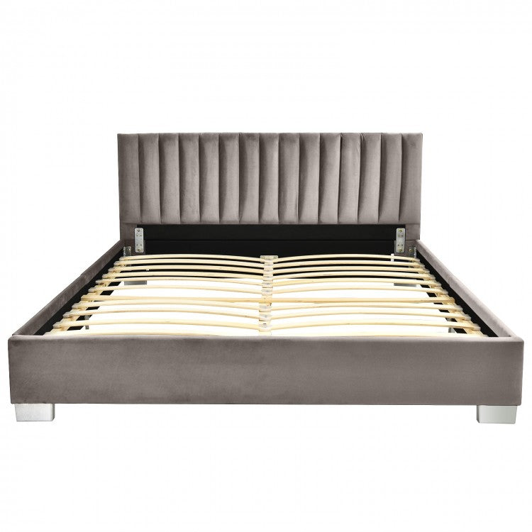 Modern Full Platform Bed Frame with Tufted Velvet Headboard - Light Grey