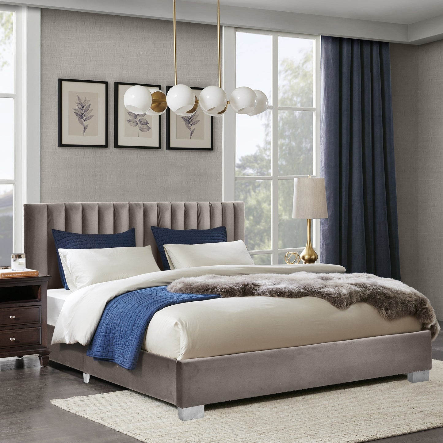 Modern Full Platform Bed Frame with Tufted Velvet Headboard - Light Grey