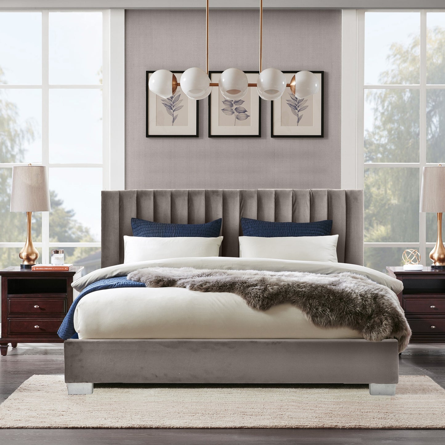 Modern Full Platform Bed Frame with Tufted Velvet Headboard - Light Grey