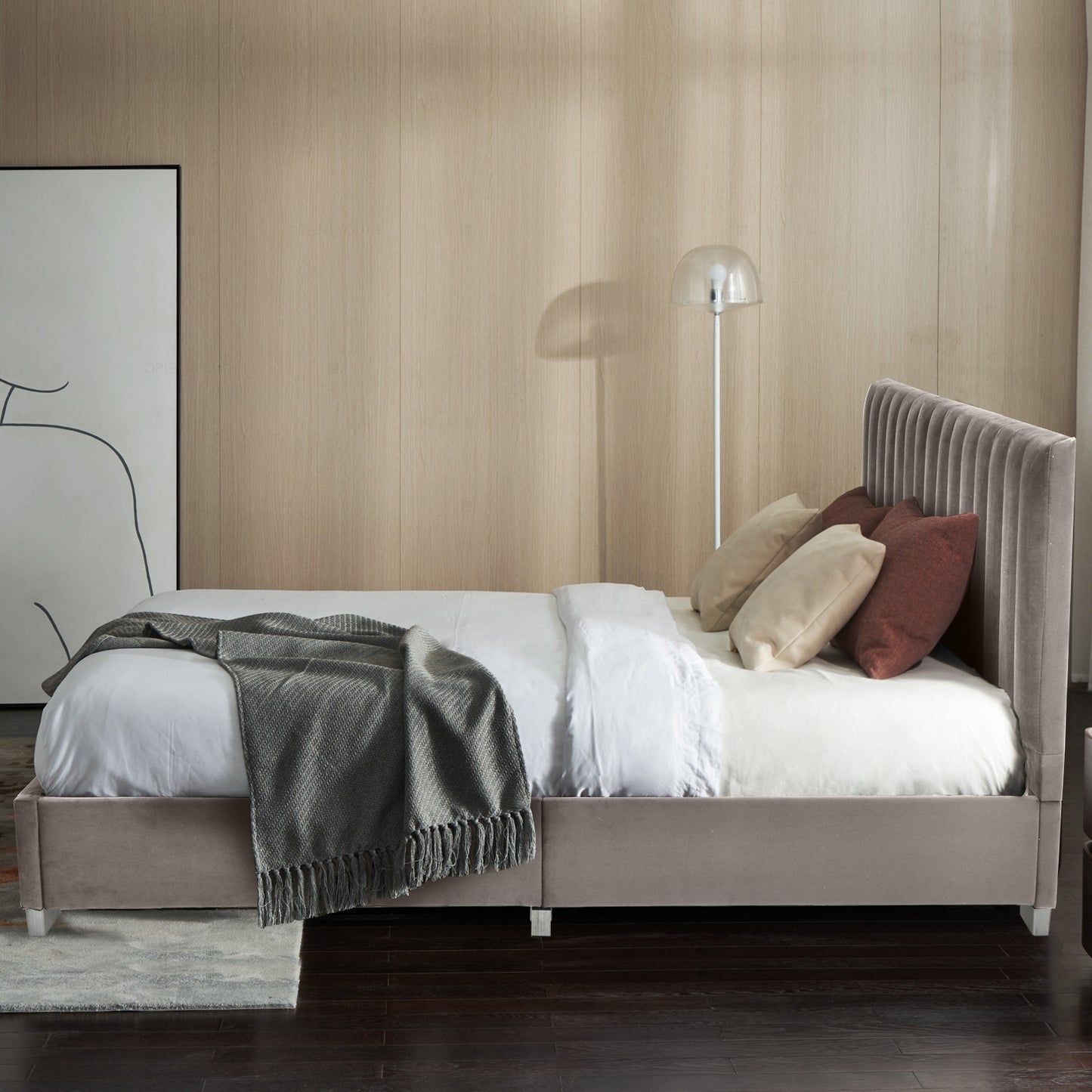 Modern Full Platform Bed Frame with Tufted Velvet Headboard - Light Grey