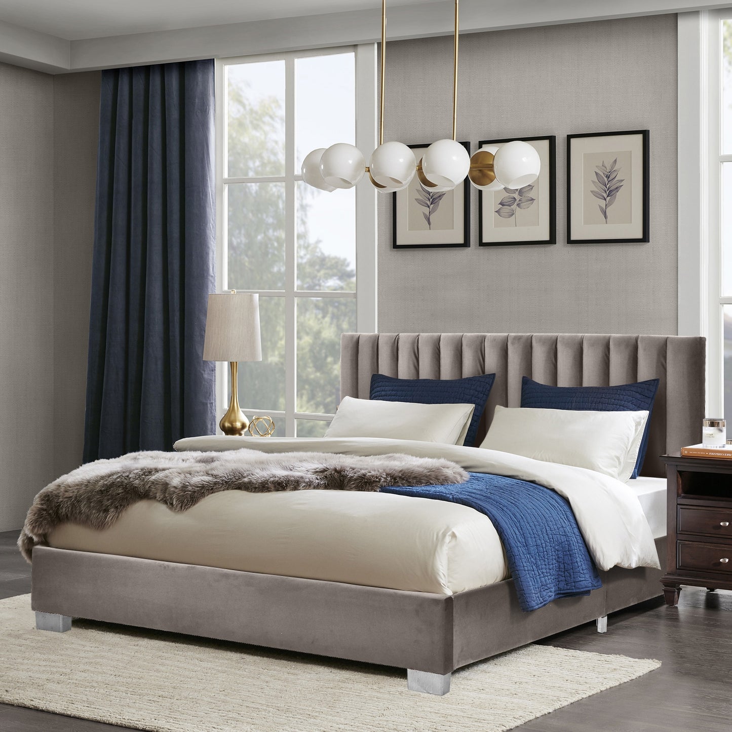Modern Full Platform Bed Frame with Tufted Velvet Headboard - Light Grey