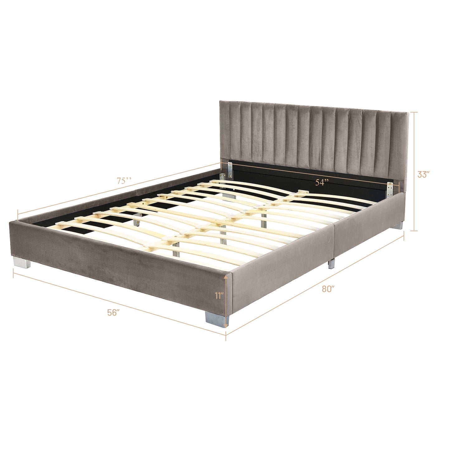 Modern Full Platform Bed Frame with Tufted Velvet Headboard - Light Grey
