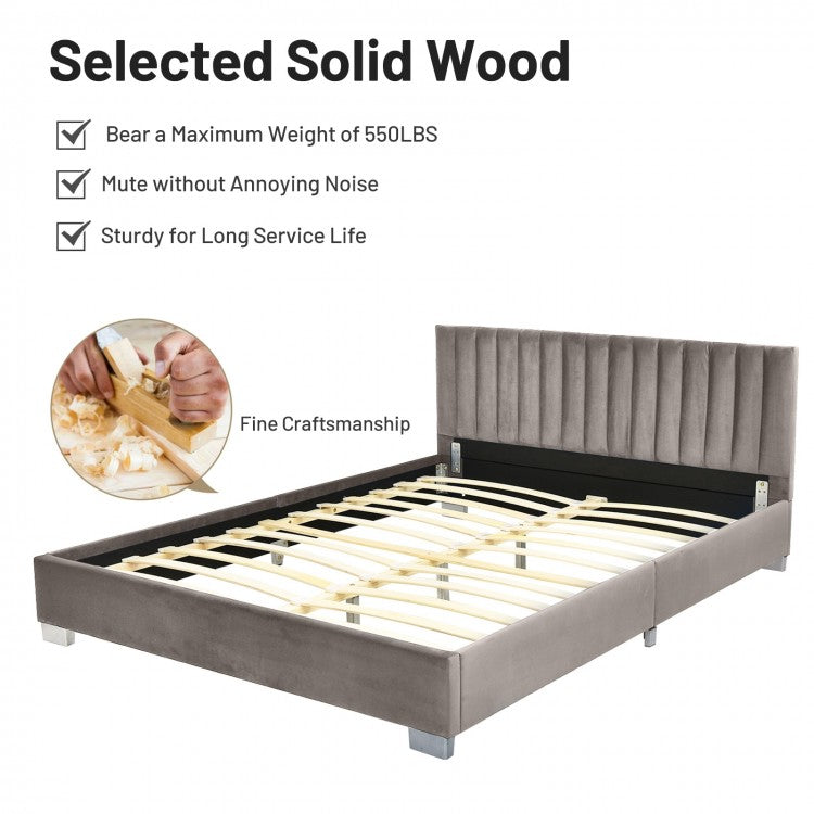 Modern Full Platform Bed Frame with Tufted Velvet Headboard - Light Grey