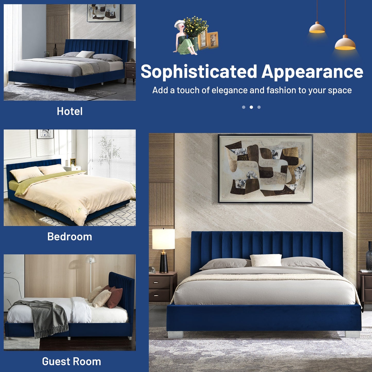 Modern Full Platform Bed Frame with Tufted Velvet Headboard - Navy