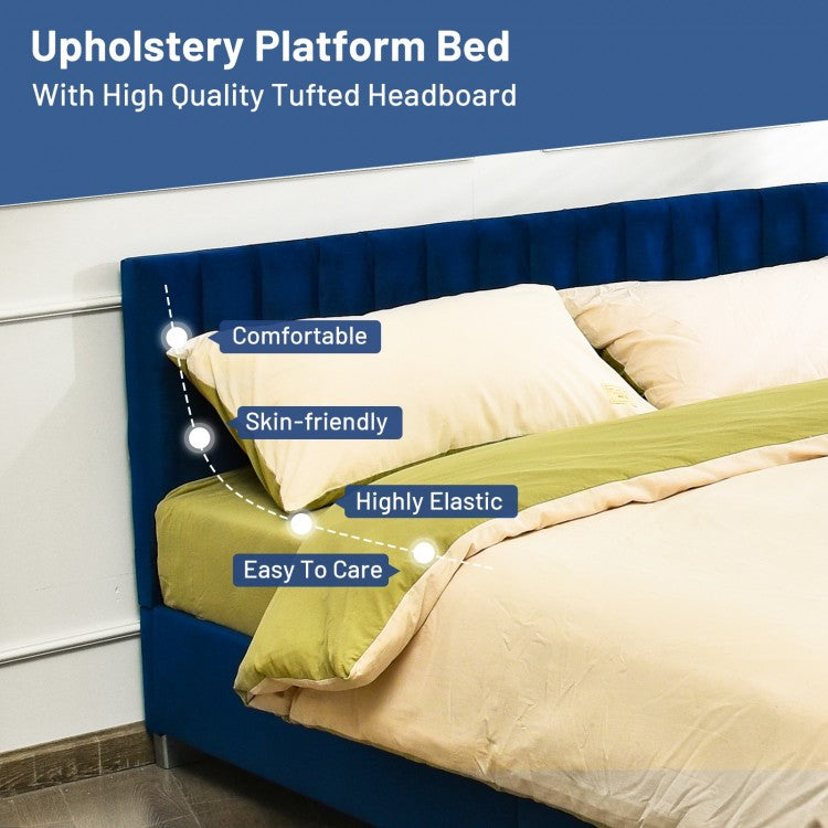 Modern Full Platform Bed Frame with Tufted Velvet Headboard - Navy