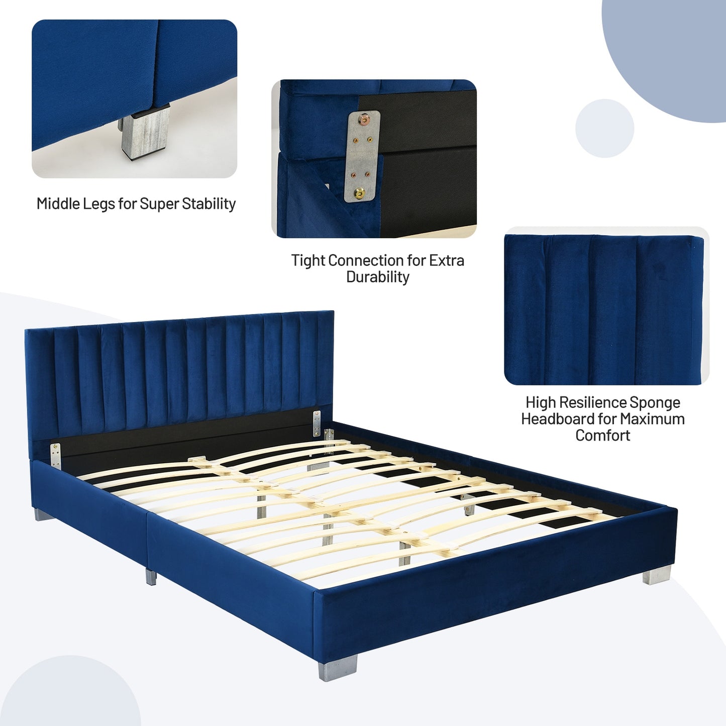 Modern Full Platform Bed Frame with Tufted Velvet Headboard - Navy