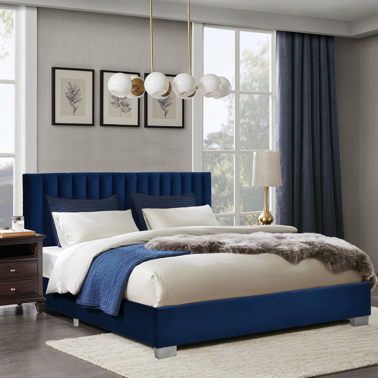 Modern Full Platform Bed Frame with Tufted Velvet Headboard - Navy