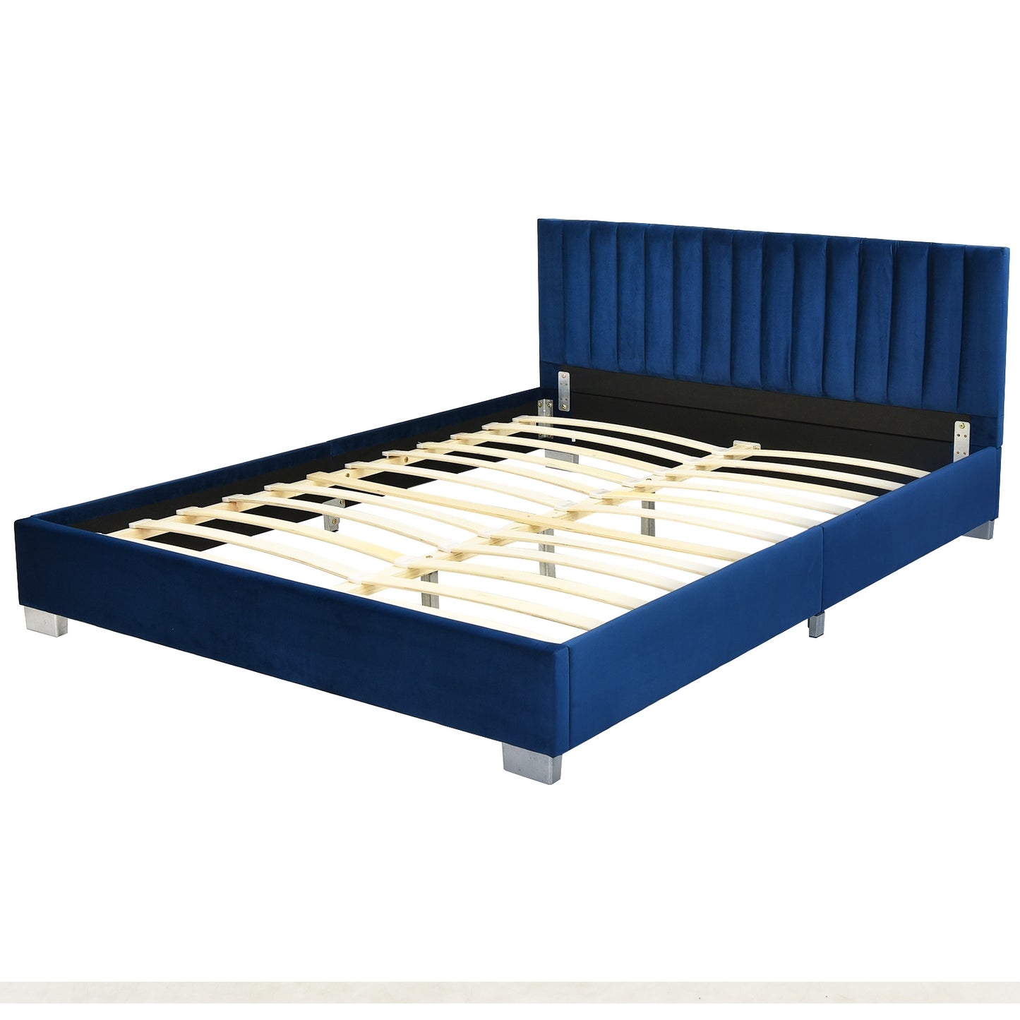 Modern Full Platform Bed Frame with Tufted Velvet Headboard - Navy