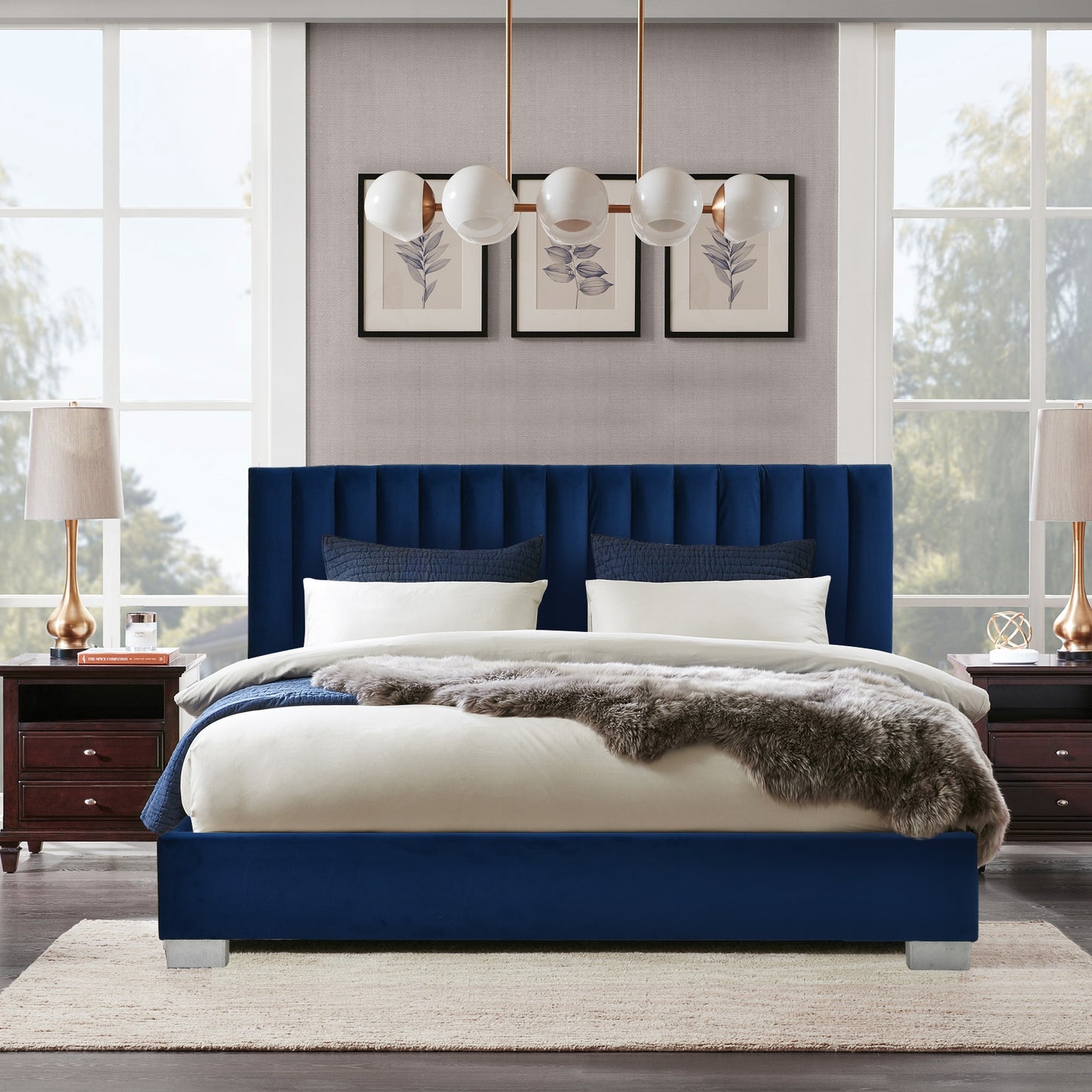 Modern Full Platform Bed Frame with Tufted Velvet Headboard - Navy