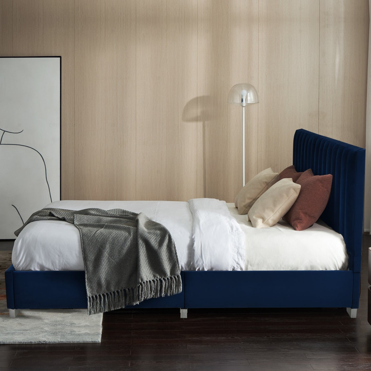 Modern Full Platform Bed Frame with Tufted Velvet Headboard - Navy