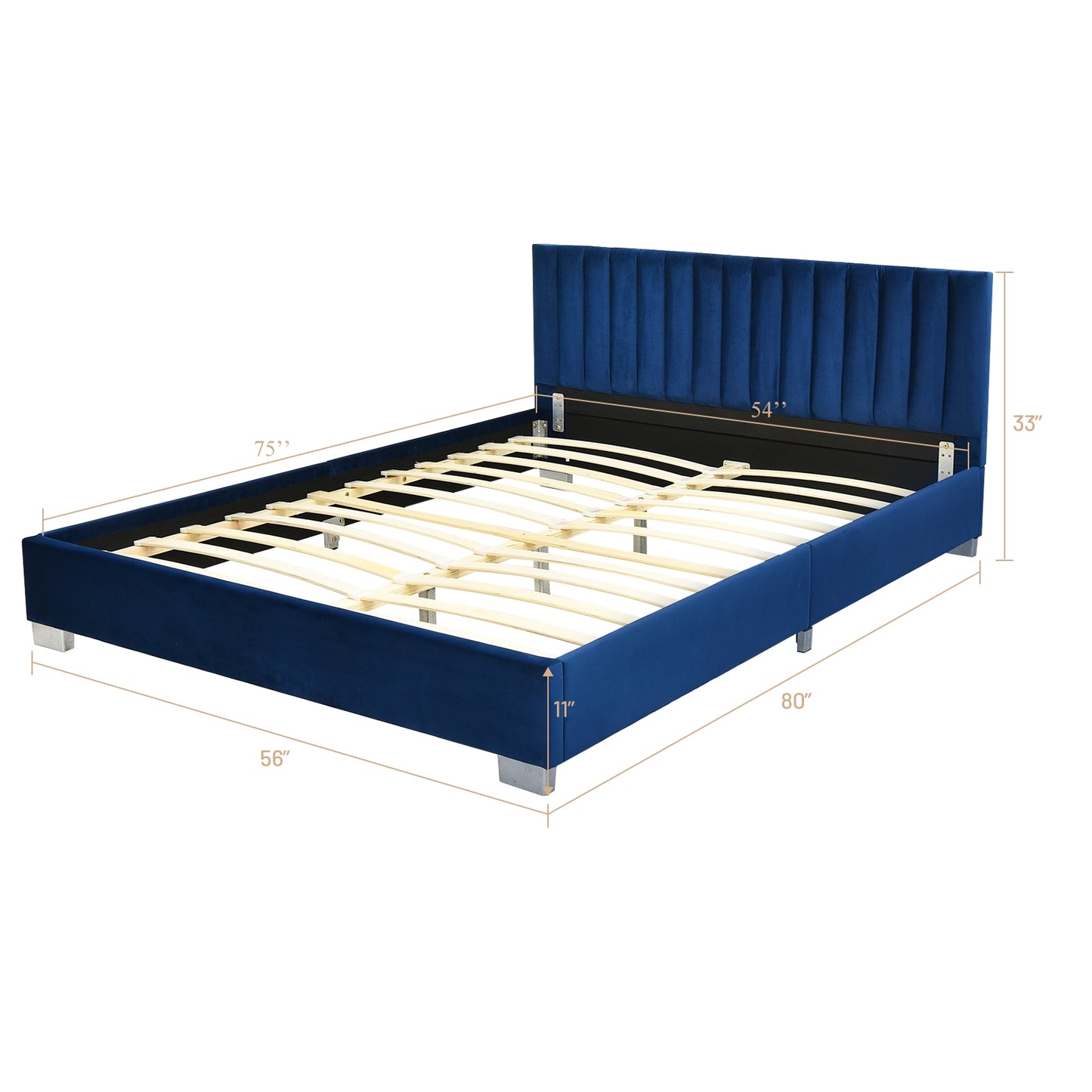 Modern Full Platform Bed Frame with Tufted Velvet Headboard - Navy