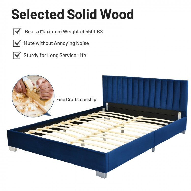 Modern Full Platform Bed Frame with Tufted Velvet Headboard - Navy