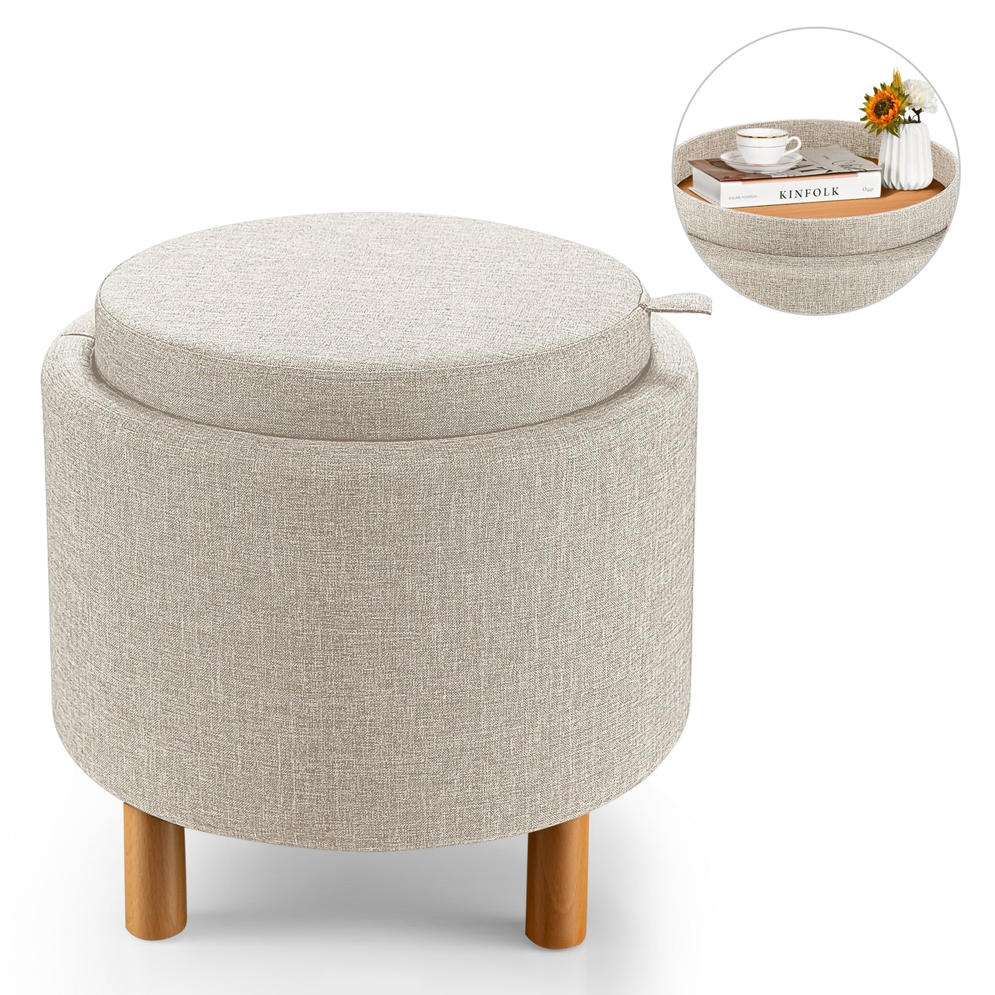 Multifunctional Round Ottoman with Storage and Tray Table Top - Beige