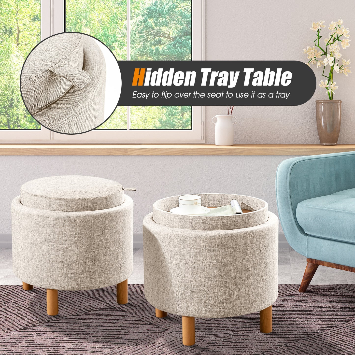 Multifunctional Round Ottoman with Storage and Tray Table Top - Beige
