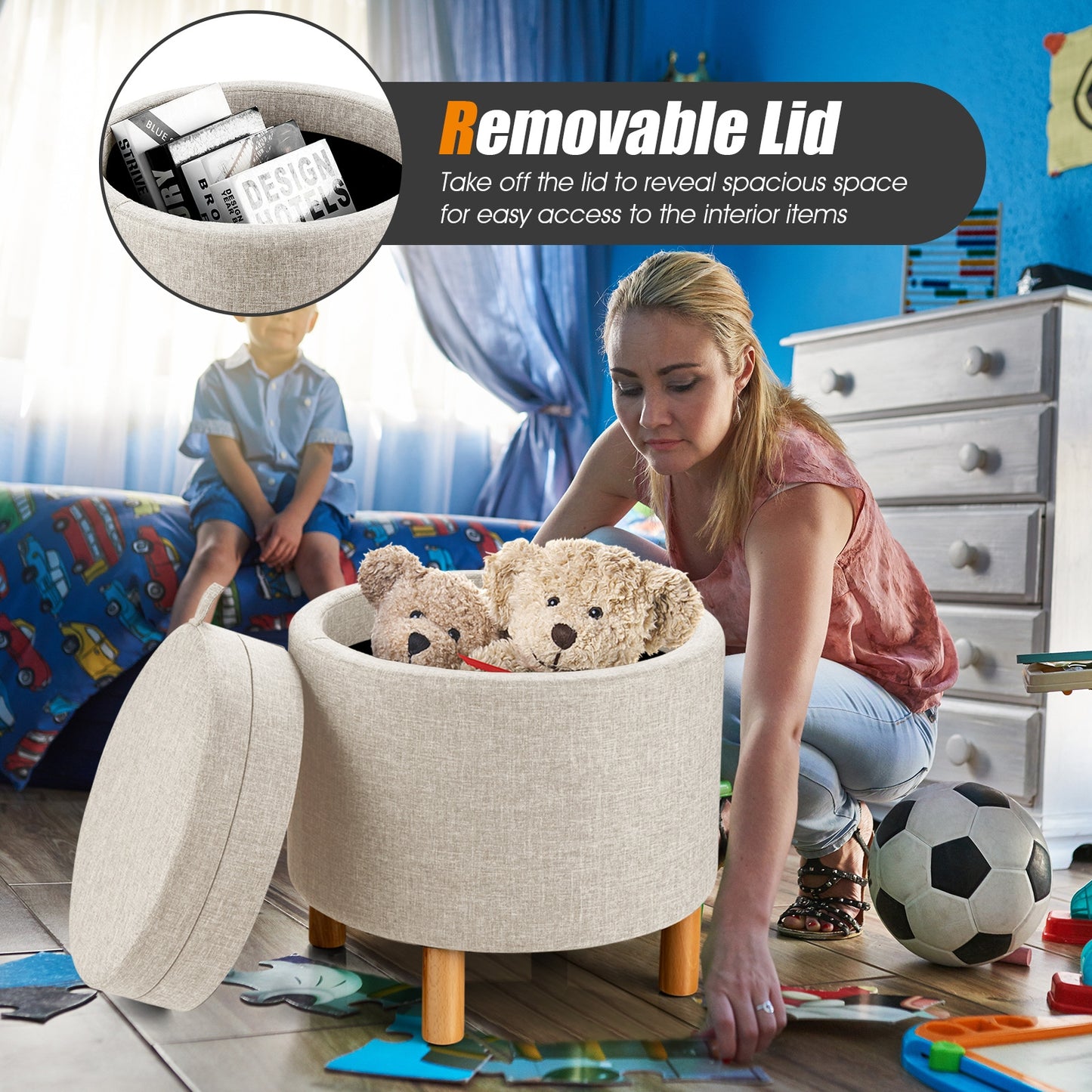Multifunctional Round Ottoman with Storage and Tray Table Top - Beige