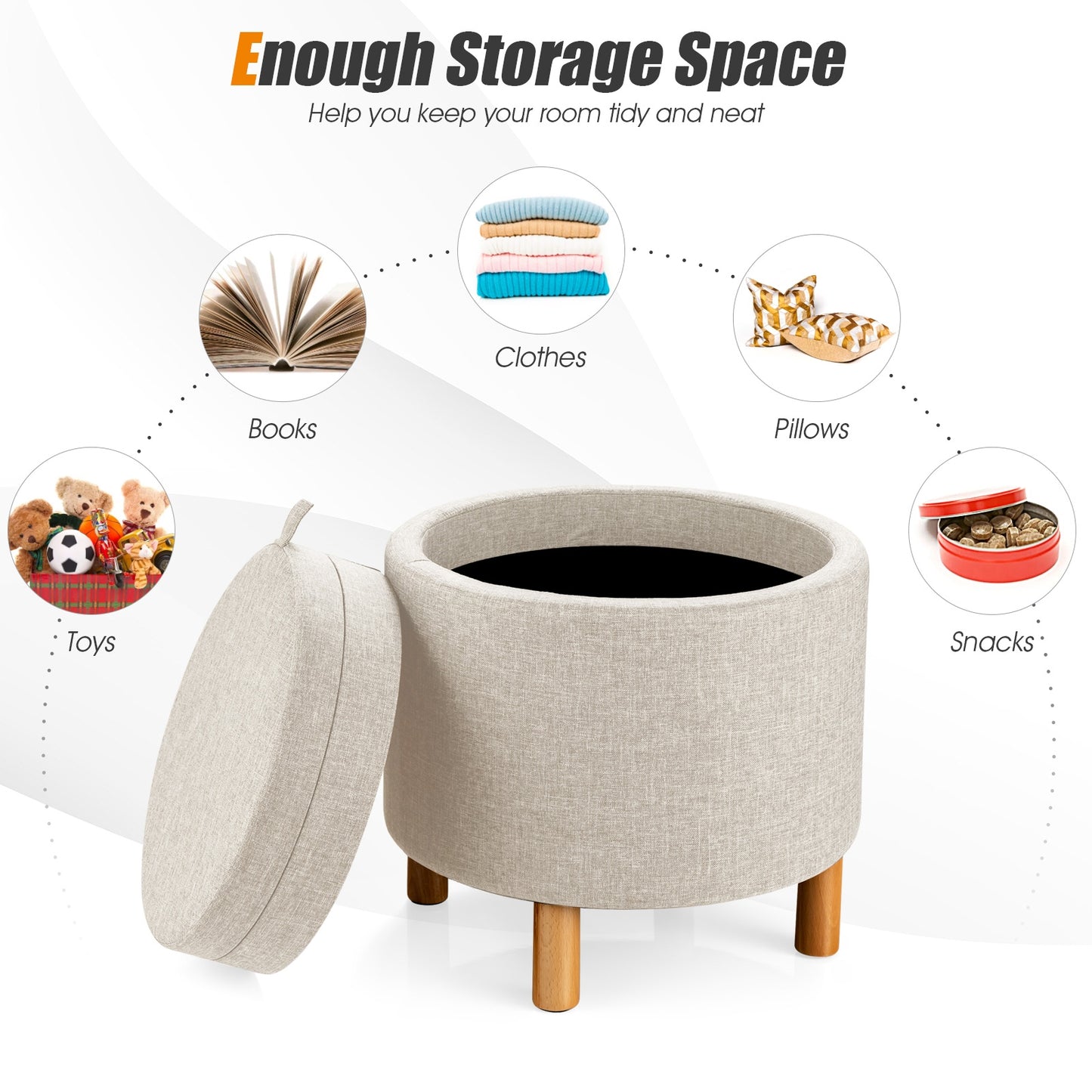 Multifunctional Round Ottoman with Storage and Tray Table Top - Beige