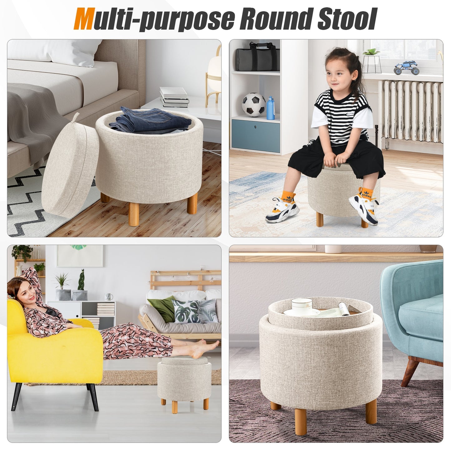Multifunctional Round Ottoman with Storage and Tray Table Top - Beige