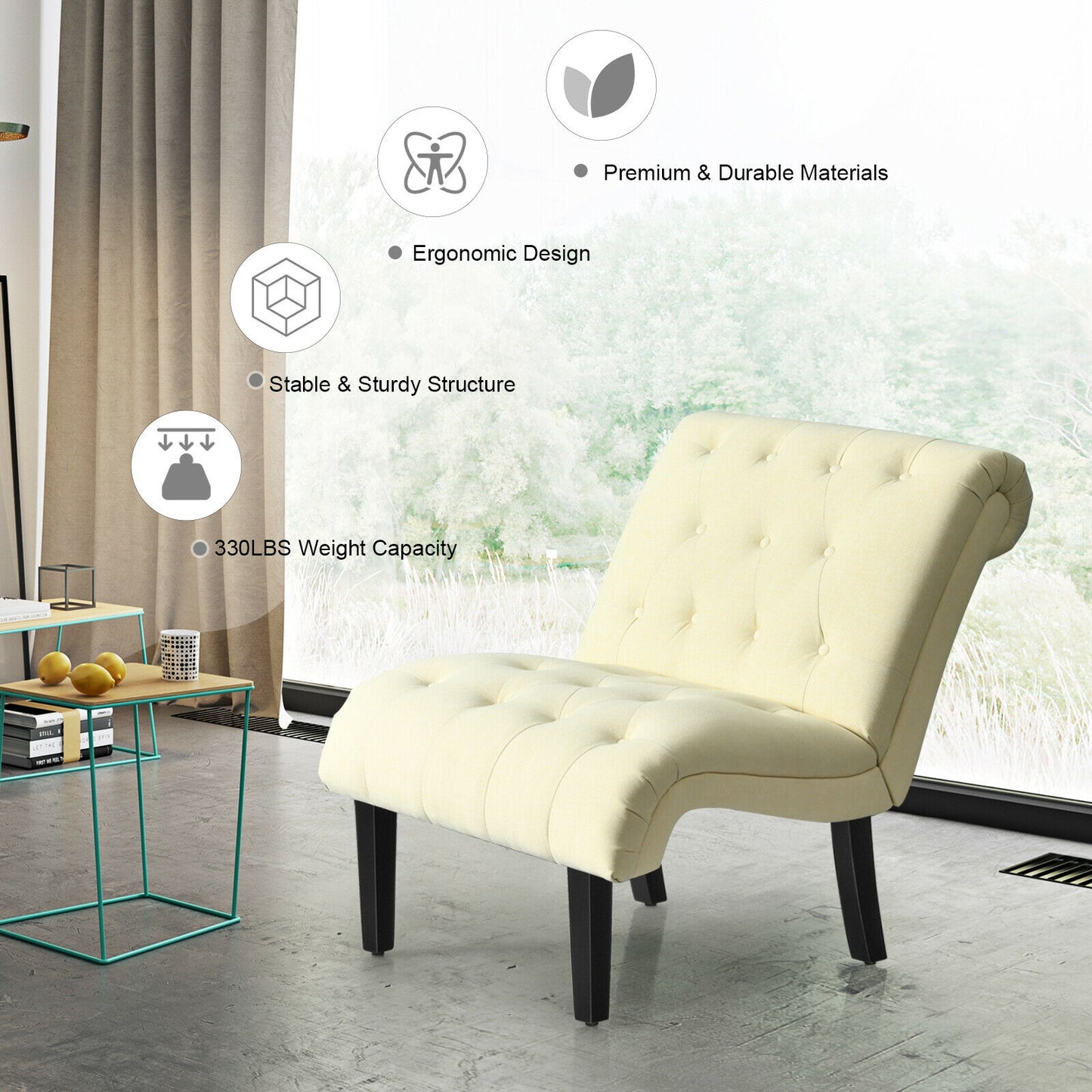 Accent Chair with Ergonomic Backrest Cotton Linen Fabric and Floor Protectors - Beige