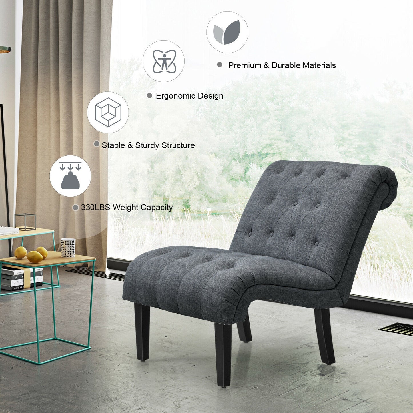 Accent Chair with Ergonomic Backrest Cotton Linen Fabric and Floor Protectors - Dark Grey
