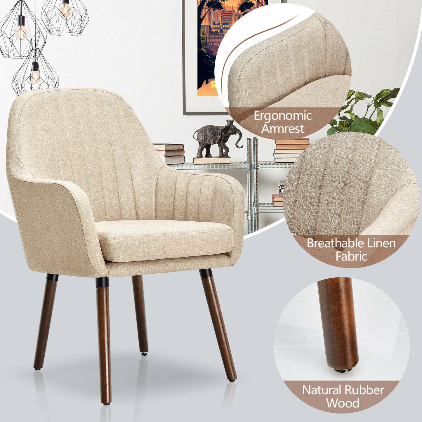 Set of 2 Linen Upholstered Armchairs with Natural Wood Legs and Padded Seat in Beige