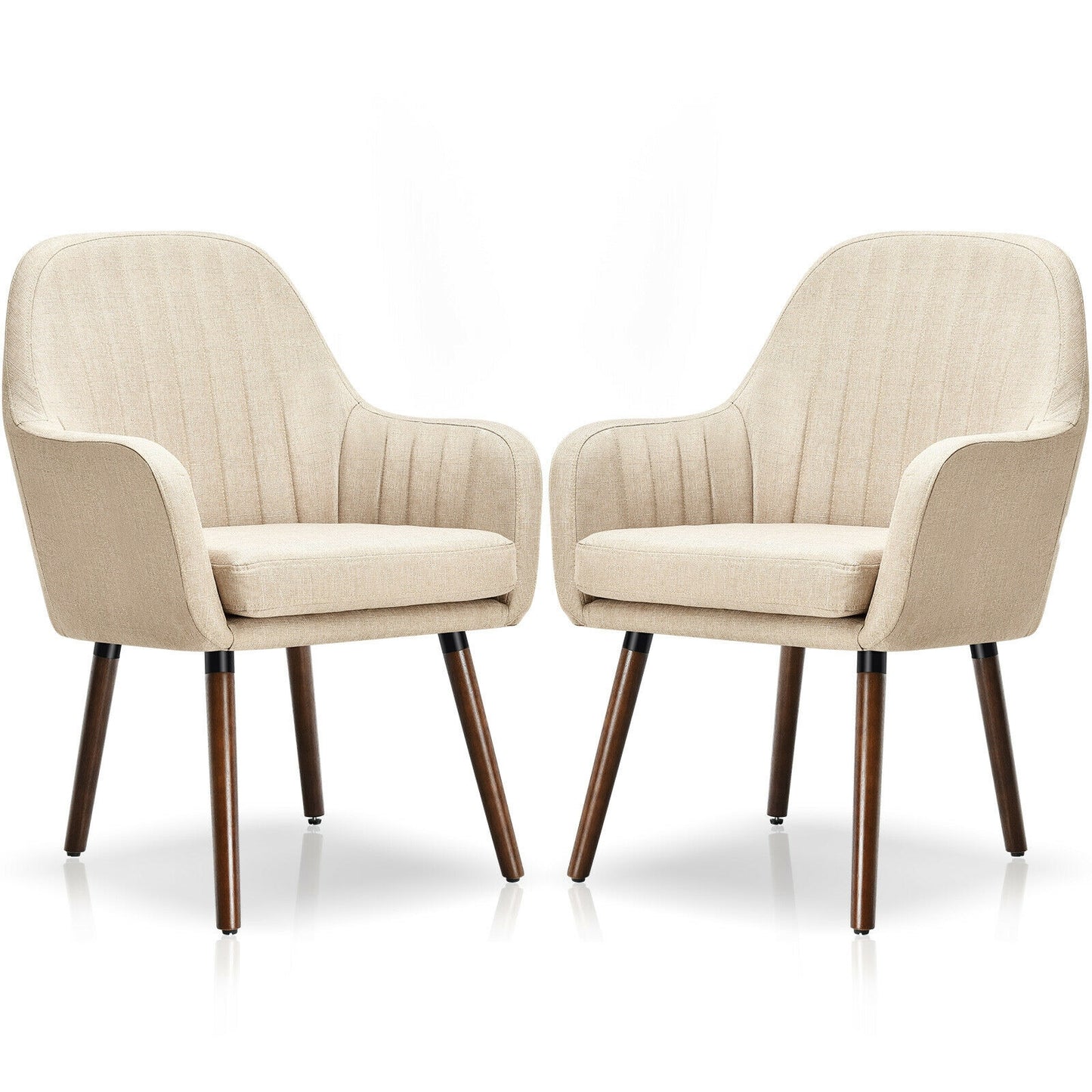 Set of 2 Linen Upholstered Armchairs with Natural Wood Legs and Padded Seat in Beige