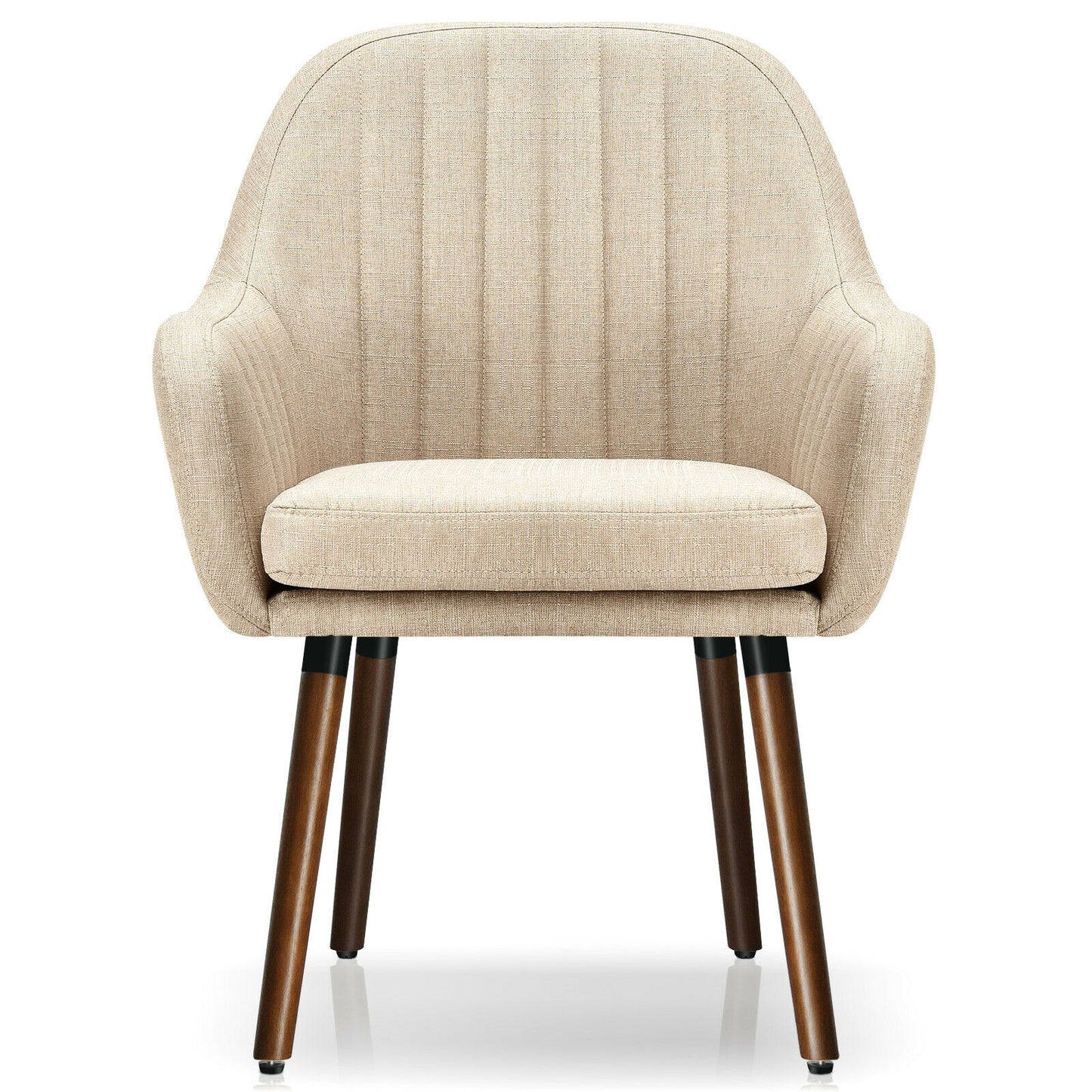 Set of 2 Linen Upholstered Armchairs with Natural Wood Legs and Padded Seat in Beige