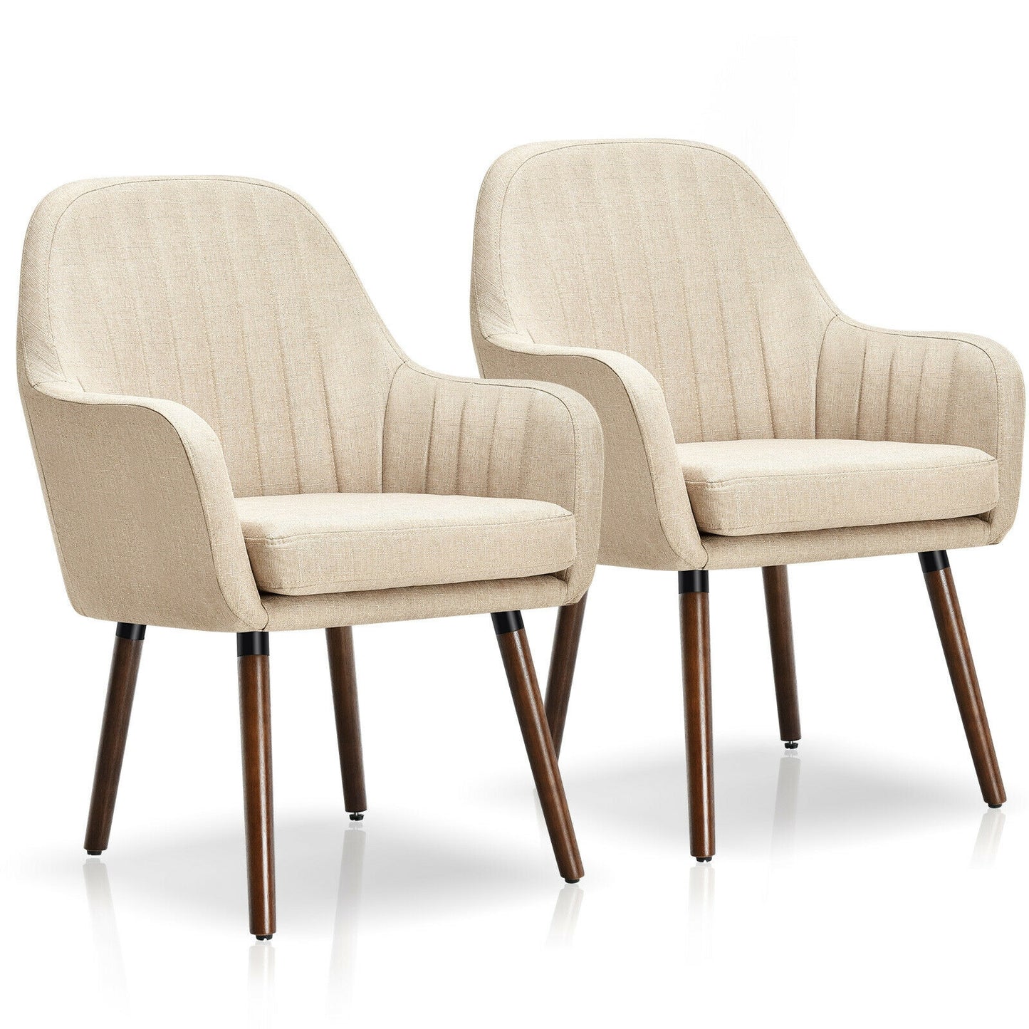 Set of 2 Linen Upholstered Armchairs with Natural Wood Legs and Padded Seat in Beige