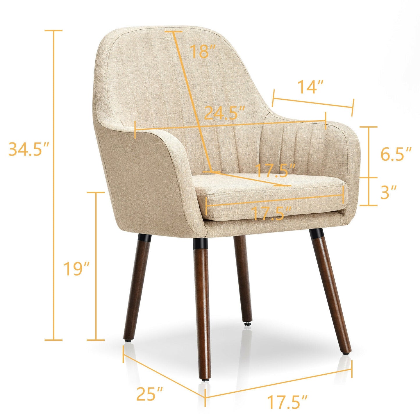 Set of 2 Linen Upholstered Armchairs with Natural Wood Legs and Padded Seat in Beige