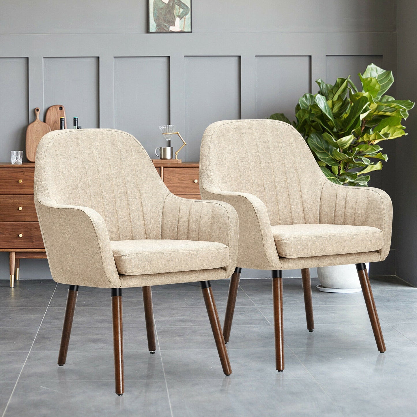 Set of 2 Linen Upholstered Armchairs with Natural Wood Legs and Padded Seat in Beige
