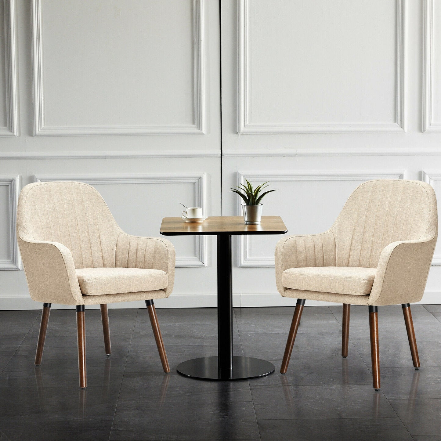 Set of 2 Linen Upholstered Armchairs with Natural Wood Legs and Padded Seat in Beige